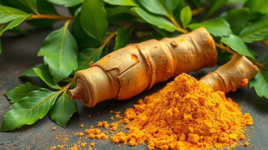 Miért számít szuperélelmiszernek az öregedésgátlásban a kurkuma a kurkuminoidok ereje miatt? 1 Kurkuma gyöker és por friss levelekkel körülvéve.