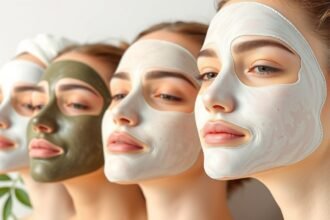 Négy nő különböző arcpakolásszal az arcukon, természetes bőrápolás