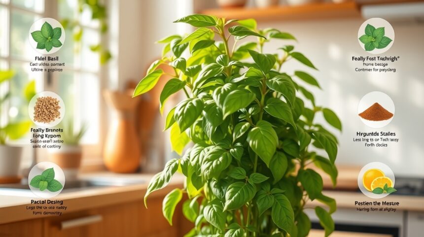 A bazsalikom 7 váratlan egészségügyi előnye 1 Friss bazsalikom növény a konyhában, egészségügyi előnyeivel.