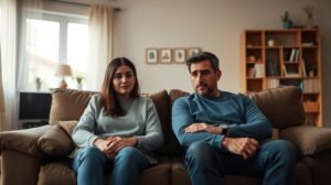 Egy pár, akik távolságot tartanak egymástól a kanapén ülve.