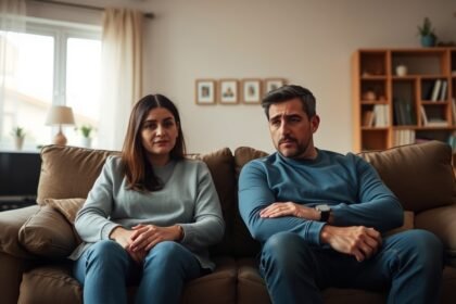 Egy pár, akik távolságot tartanak egymástól a kanapén ülve.