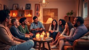 Csoportos álombeszélgetés barátok között, felnőtt környezetben.