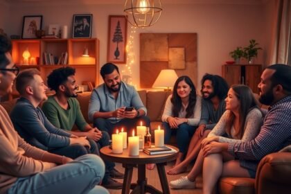 Csoportos álombeszélgetés barátok között, felnőtt környezetben.