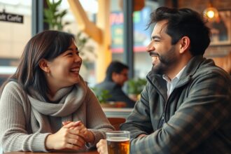 Két fiatal mosolygó ember a barátságzónából való kilépésről beszélget.