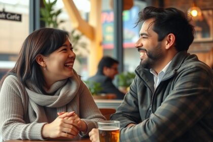 Két fiatal mosolygó ember a barátságzónából való kilépésről beszélget.