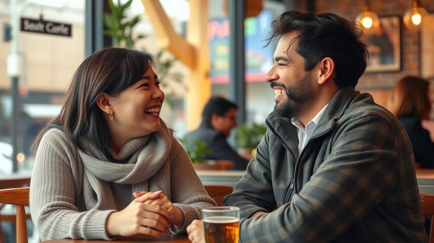 Ha szeretnél kilépni a barátság zónájából, kezdd el ezt a 9 dolgot csinálni, amikor vele vagy 1 Két fiatal mosolygó ember a barátságzónából való kilépésről beszélget.