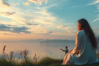 Nő meditál a vízparton, naplementében, az egészség és harmónia szimbóluma.