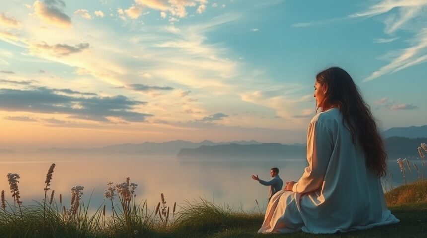 A betegség és az egészség ígérete a gyakorlatban 1 Nő meditál a vízparton, naplementében, az egészség és harmónia szimbóluma.