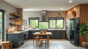 Modern konyha zöld növényekkel és újrahasznosított anyagokkal