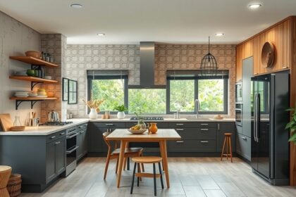 Modern konyha zöld növényekkel és újrahasznosított anyagokkal