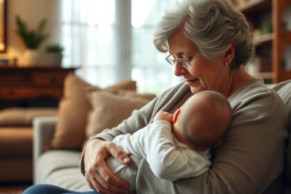 Idős nő, aki kisbabát tart az ölében, meghitt pillanatban.