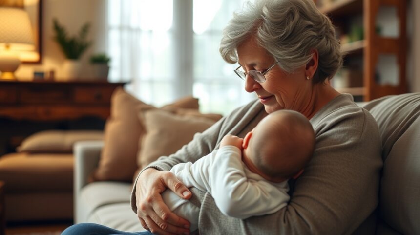 Nagyik és unokák: Hogyan támogasd a szorosabb kapcsolat kialakulását? 1 Idős nő, aki kisbabát tart az ölében, meghitt pillanatban.
