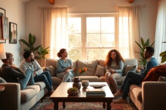 Csoportbeszélgetés a kötődési stílusokról egy világos nappaliban.
