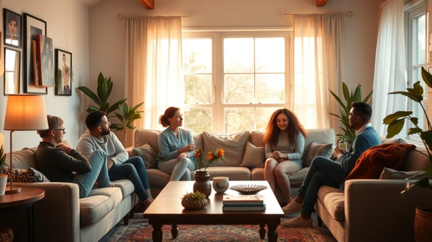 A négy kötődési stílus, amit érdemes ismerned – fedezd fel a sajátodat! 1 Csoportbeszélgetés a kötődési stílusokról egy világos nappaliban.