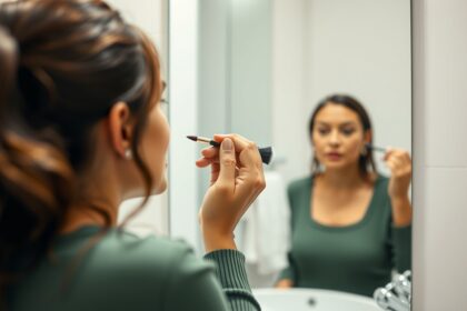 Elfoglalt nő smink közben, tükör előtt, bőrápolási rutin