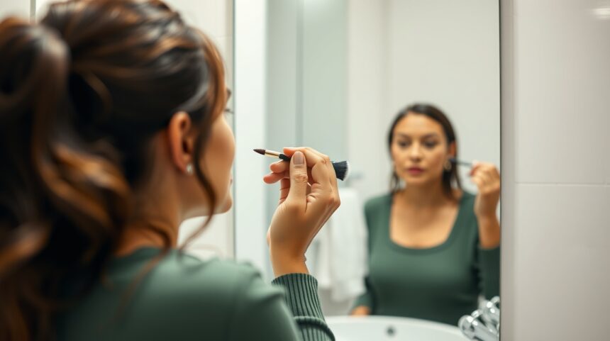 „10 szépségtipp elfoglalt embereknek” 1 Elfoglalt nő smink közben, tükör előtt, bőrápolási rutin