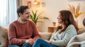 Párterápia során beszélgető fiatal pár a kanapén.