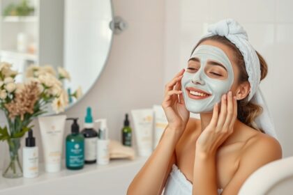 Fiatal nő arcmaszkot visel, bőrápolási rutin keretében.