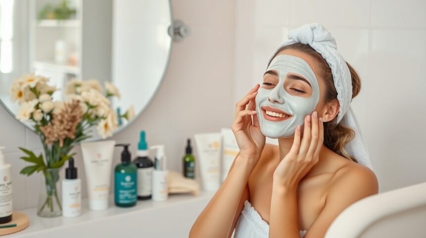 Fiatal nő arcmaszkot visel, bőrápolási rutin keretében.