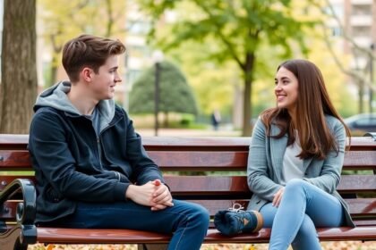 Fiú és lány baráti beszélgetés egy padon, őszies környezetben.