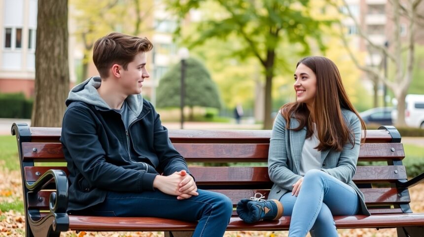 Ha egy fiú ezt a 8 dolgot teszi, akkor csak barátnak tekint téged 1 Fiú és lány baráti beszélgetés egy padon, őszies környezetben.