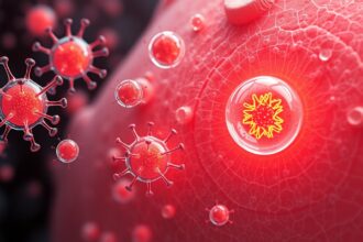 Mikroszkopikus képek boldogsághormonokról és bőrről.