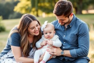 Családi fotózás babával, nyugodt légkörben a szabadban.
