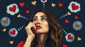 Egy nő gondolkodik a kapcsolati dinamikákon és a romantikus jelzeken.