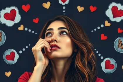 Egy nő gondolkodik a kapcsolati dinamikákon és a romantikus jelzeken.