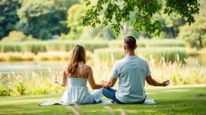 Párok meditálnak a természetben, erősítve érzelmi kötődésüket.