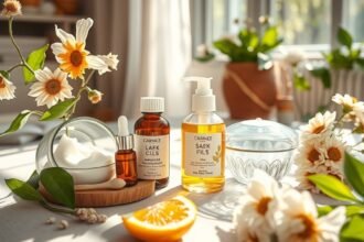 Nyári bőrápolás otthoni termékek florális háttérrel