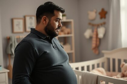 Apuka várakozásban a baba érkezésére egy babaszobában.