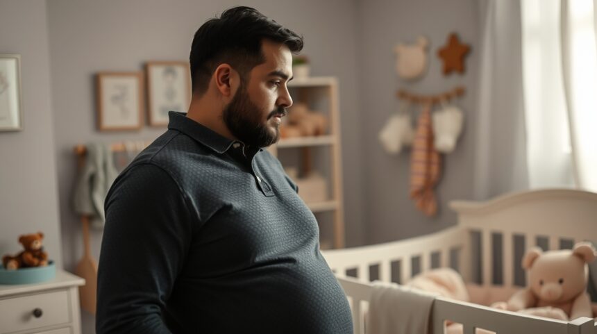 Apuka várakozásban a baba érkezésére egy babaszobában.