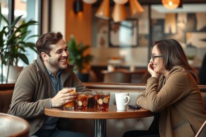 Két fiatal beszélget egy kávézóban, nevetve az első randin.