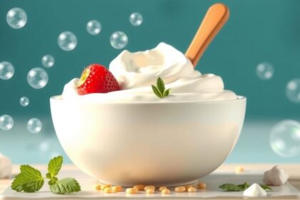 Friss joghurt friss bogyókkal és mentalevelekkel.