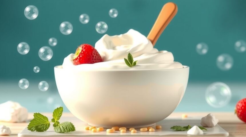 A joghurt probiotikumainak 8 lenyűgöző hatása a bélflórára 1 Friss joghurt friss bogyókkal és mentalevelekkel.