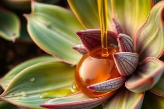 Agávészirup cseppentése agávé növény levelein, természetes édesítő.