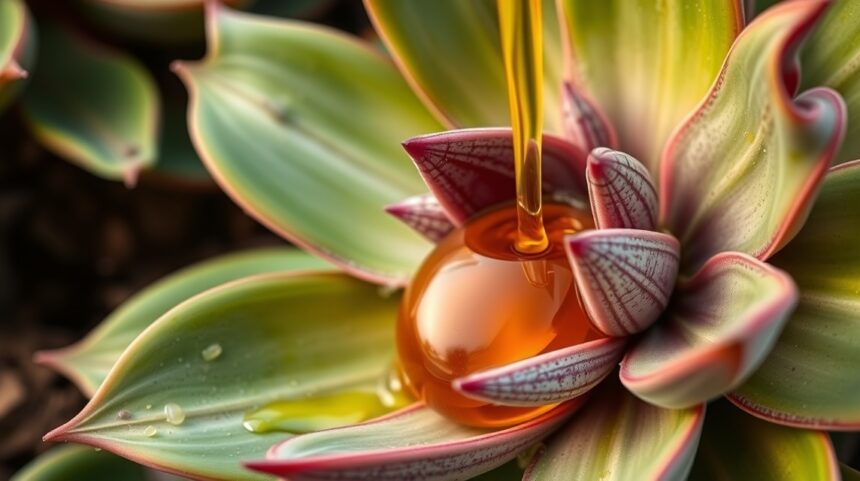 6 érv az agávészirup használata mellett: miért érdemes váltani? 1 Agávészirup cseppentése agávé növény levelein, természetes édesítő.