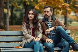 Pár ül egy padon, komolyan beszél a kapcsolatukról.
