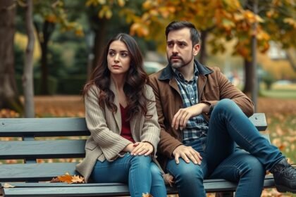 Pár ül egy padon, komolyan beszél a kapcsolatukról.