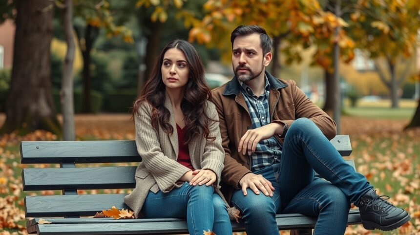 Pár ül egy padon, komolyan beszél a kapcsolatukról.
