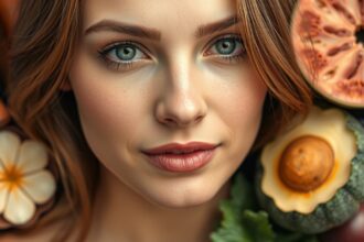 Fiatal nő bőrén friss gyümölcsökkel és zöldségekkel körülvéve.