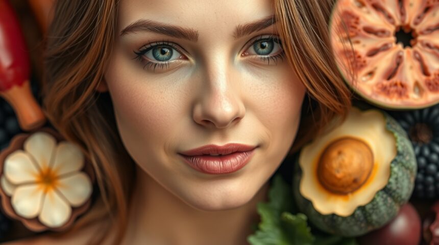 Kollagénben gazdag ételek hatása a bőr rugalmasságára és fiatalos megjelenésére 1 Fiatal nő bőrén friss gyümölcsökkel és zöldségekkel körülvéve.