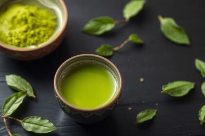 Matcha tea in a cup next to matcha powder and tea leaves.