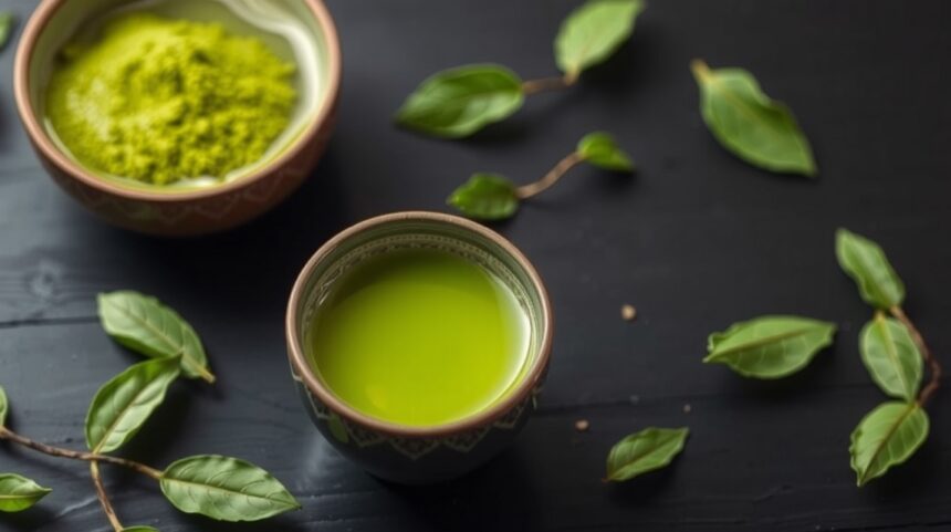 A matcha tea 7 elképesztő előnye a hagyományos zöld teával szemben 1 Matcha tea in a cup next to matcha powder and tea leaves.