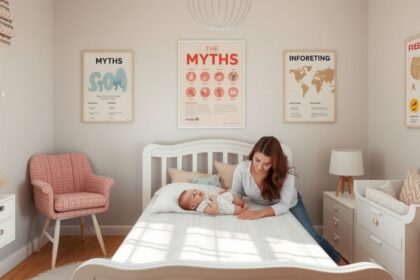 Baba és mama a babaszobában, tévhitekkel kapcsolatos poszterekkel.