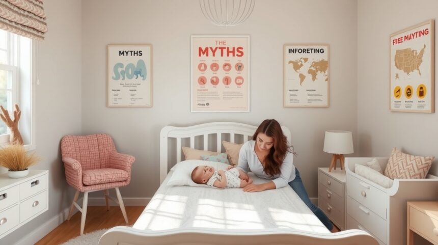 Baba és mama a babaszobában, tévhitekkel kapcsolatos poszterekkel.