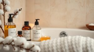 Fürdőolajok és gyertyák a fürdőszobában a téli bőrszárazság ellen.