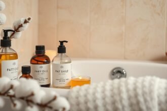 Fürdőolajok és gyertyák a fürdőszobában a téli bőrszárazság ellen.