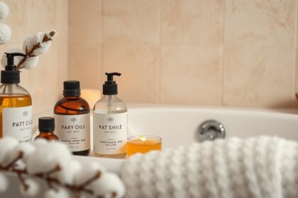 Fürdőolajok és gyertyák a fürdőszobában a téli bőrszárazság ellen.